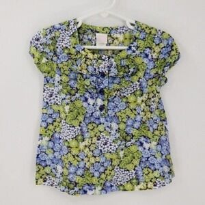 Janie and Jack Floral Print Ruffle Neckline Half Button Popover Blouse Top Sz 2T